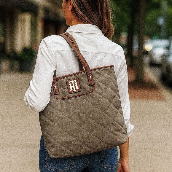 Tommy Hilfiger Quilted Nylon Tote Bag Olive With Faux Leather Trim Shoulder Bag - Picture 1 of 11